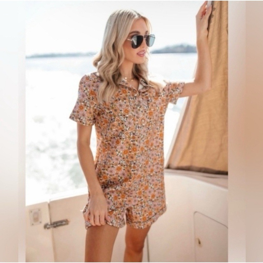 Storia Floral Short Sleeve Romper in Mustard & Cream